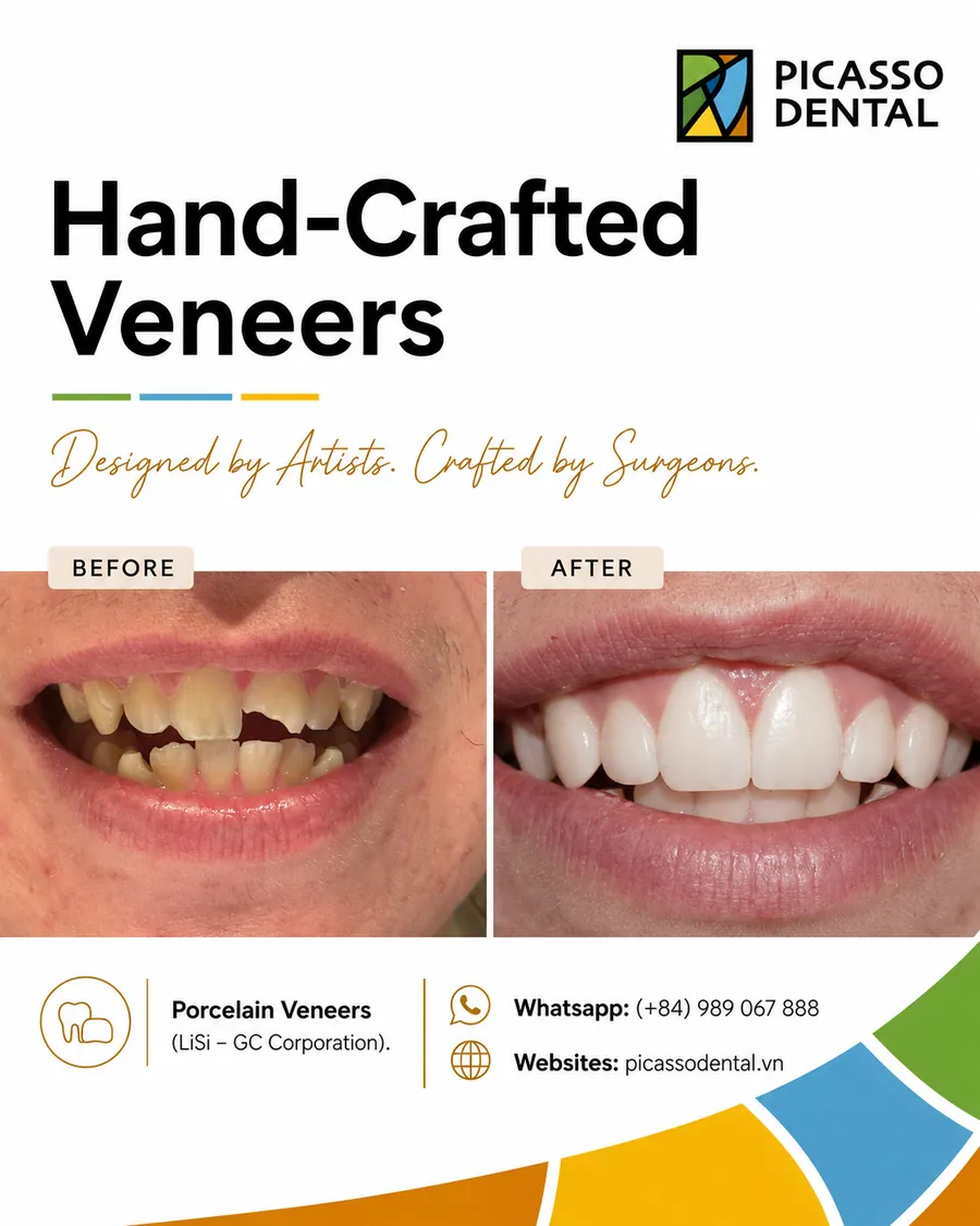 Before and after of an Emax Press porcelain veneer smile makeover at Picasso Dental Clinic, case one