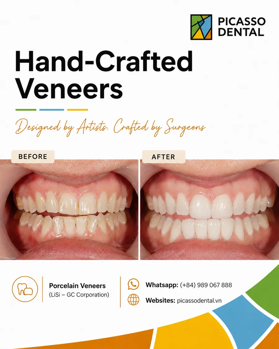 Before and after porcelain veneers correcting tooth shape and shade, Picasso Dental Clinic, case two