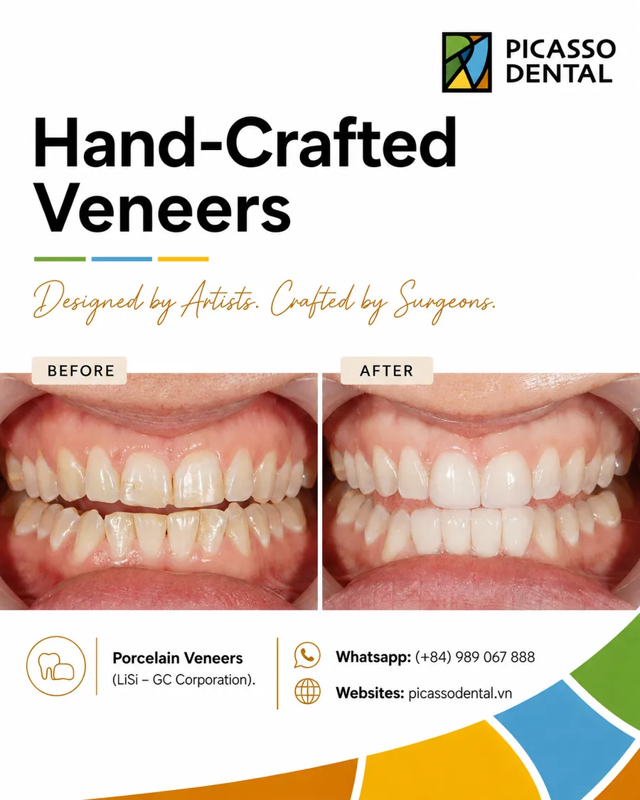 Before and after veneer case restoring an even smile line, Picasso Dental Clinic, case three